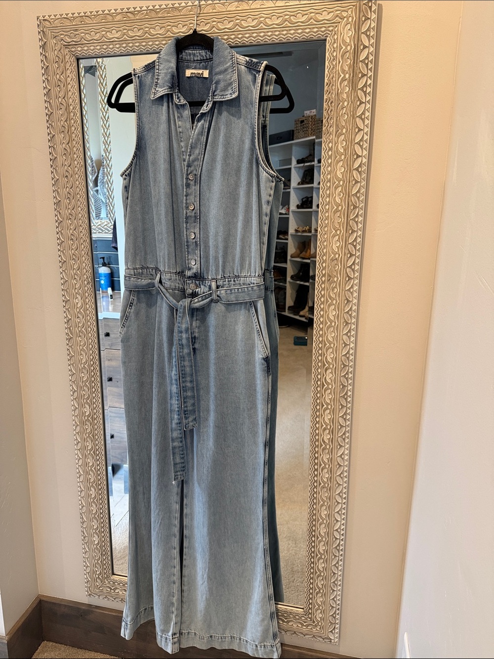 Mavi Sleeveless Button-Front Denim jumpsuit in Light Blue